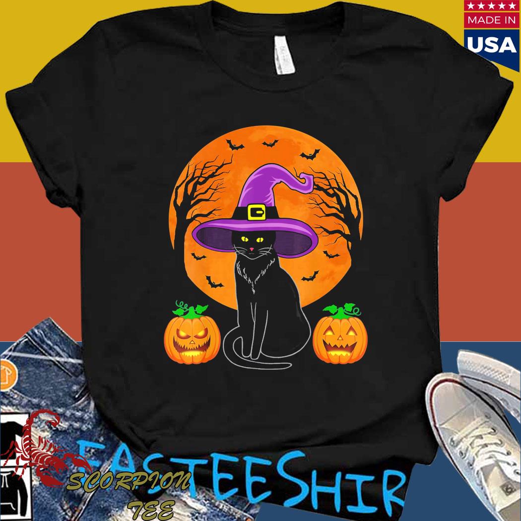 Official Cute halloween black cat witch hat pumpkin for kids girls Shirt