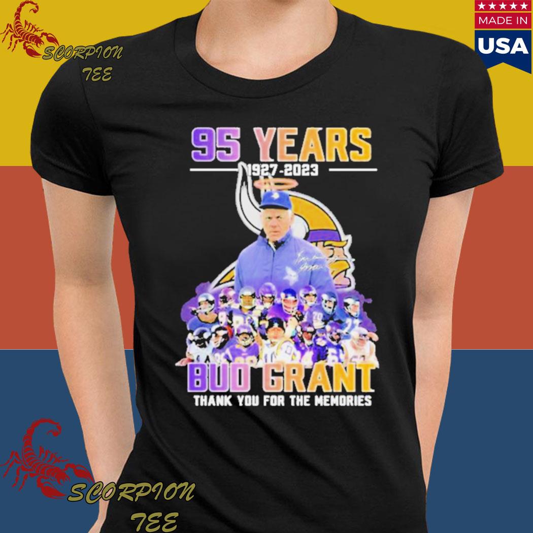 Official 95 years 1927 - 2023 Bud Grant Minnesota Vikings Thank you for the  memories signature T-Shirt, hoodie, sweater, long sleeve and tank top