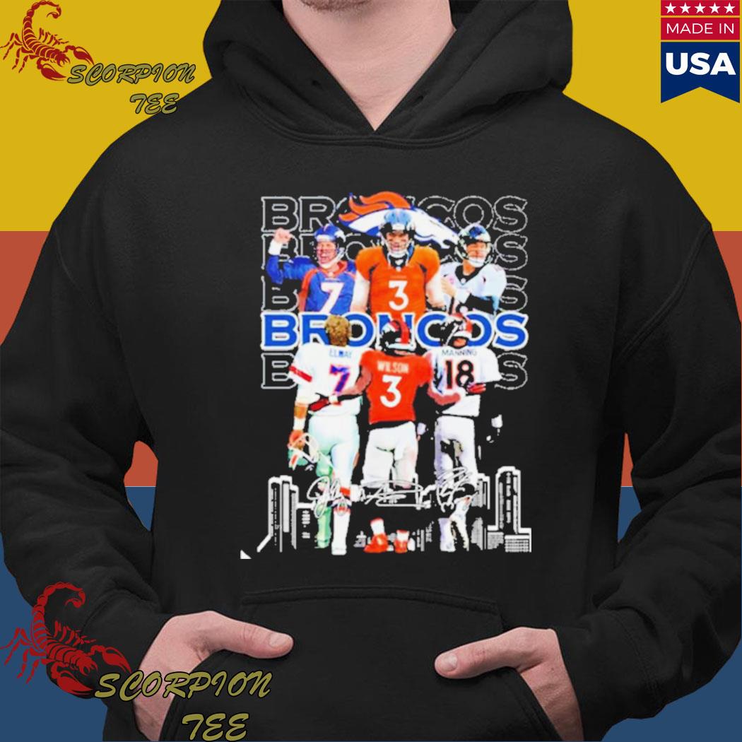 Denver broncos john elway russell wilson and peyton manning signatures shirt,  hoodie, sweater, long sleeve and tank top