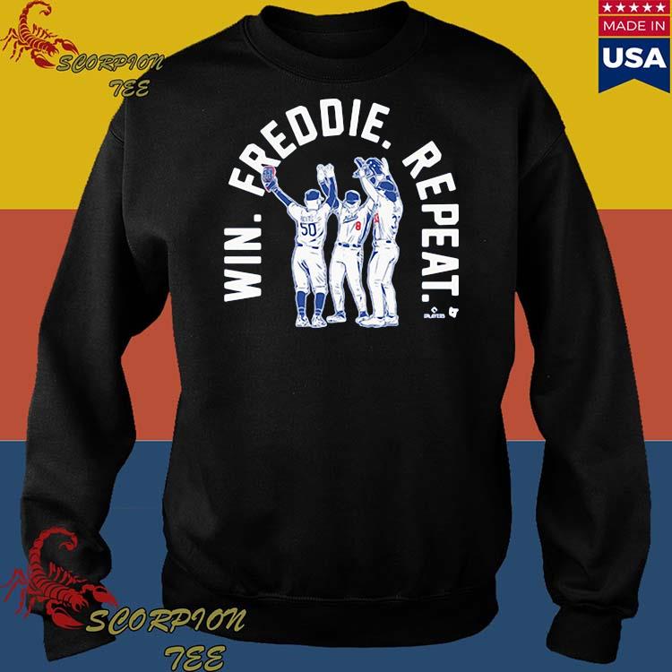 Official Mookie betts james outman and kiké hernandez win. freddie. repeat.  T-shirt, hoodie, tank top, sweater and long sleeve t-shirt