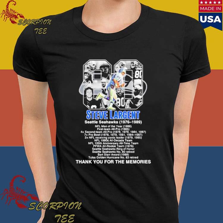 Official steve largent 80 Seattle Seahawks thank you for the memories T- shirts, hoodie, tank top, sweater and long sleeve t-shirt